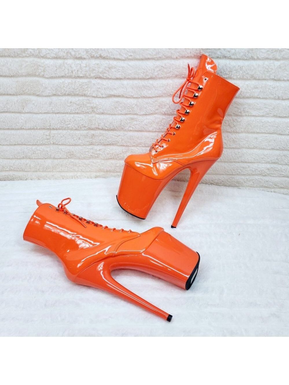 Flamingo Bright Orange Patent Towering 8" High Heel Platform Ankle Boots - Picture 9 of 11